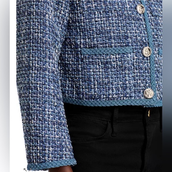 NWT AQUA Bloomingdale’s Tweed Boxy Blazer Blue Silver SMALL Designer Inspired - Picture 4 of 13